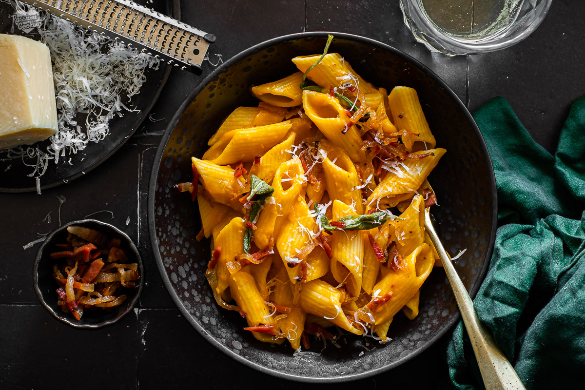 Pâtes à la crème de potiron et pancetta