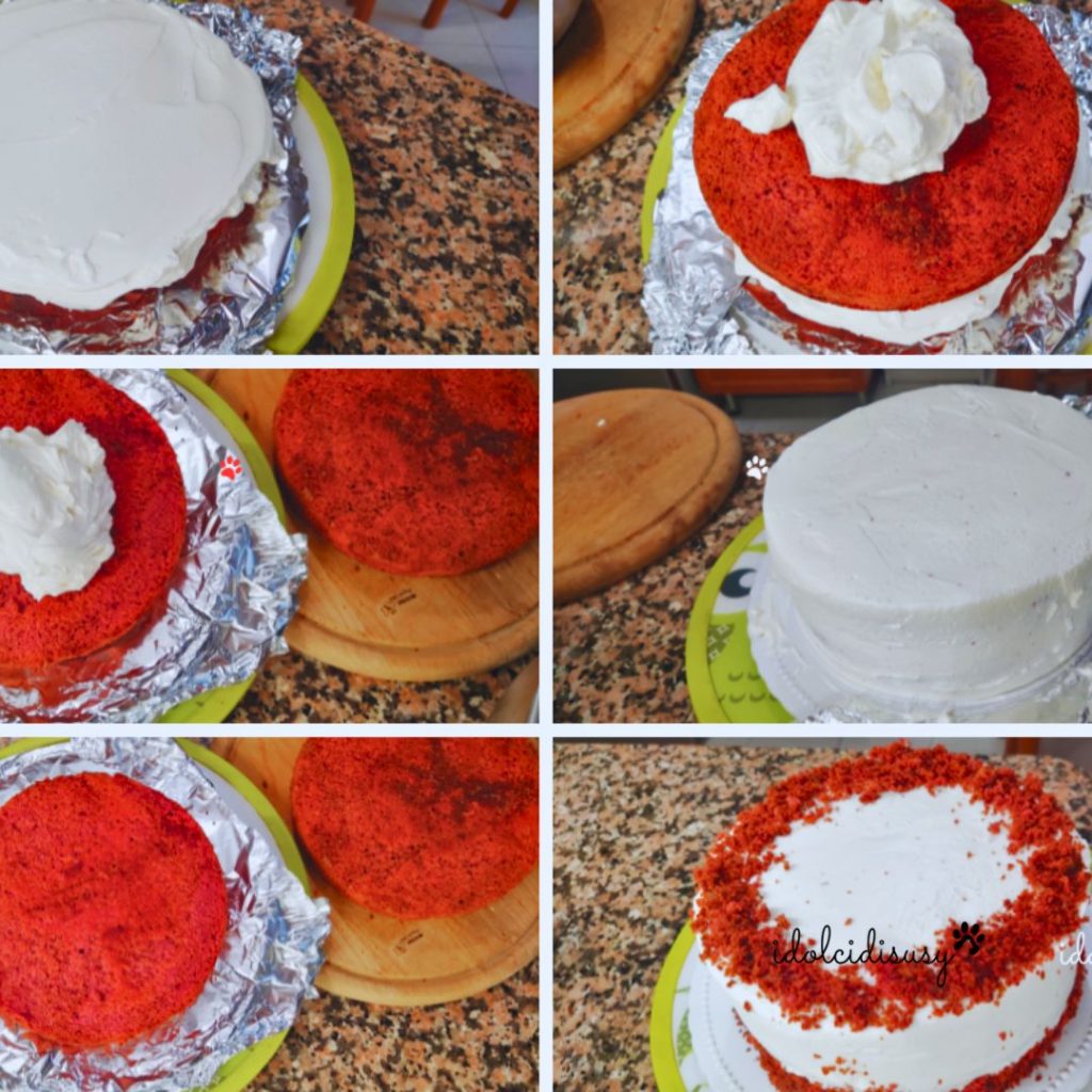 Étapes d'assemblage du gâteau Red Velvet : garnissage avec crème au fromage, superposition des disques, couverture du gâteau et décoration finale avec miettes rouges
