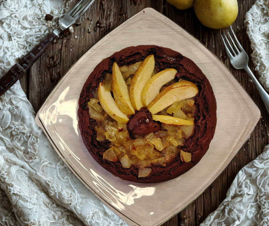 Gâteau chocolat et poires sans œuf.
