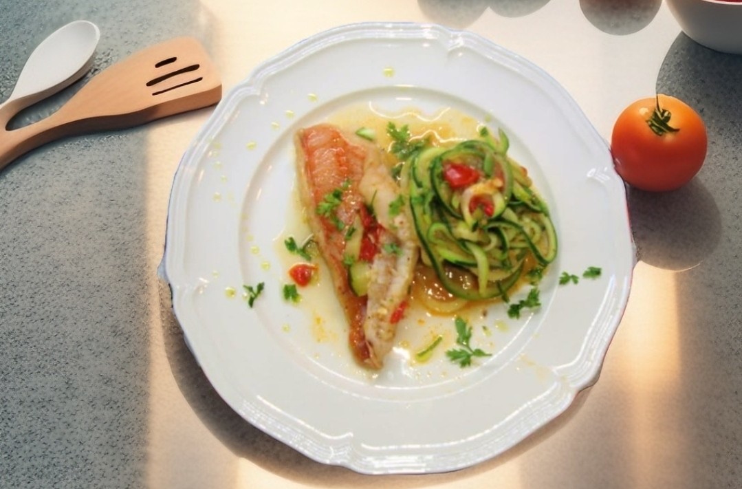 Filet de rascasse avec des spaghettis de courgettes