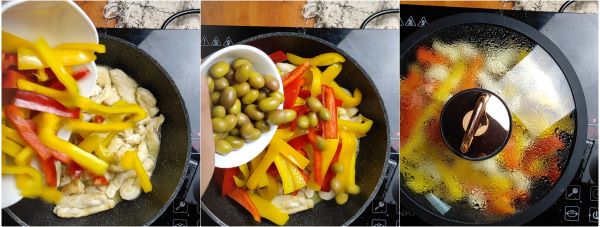 ajoutez les poivrons et olives et faites cuire avec le couvercle