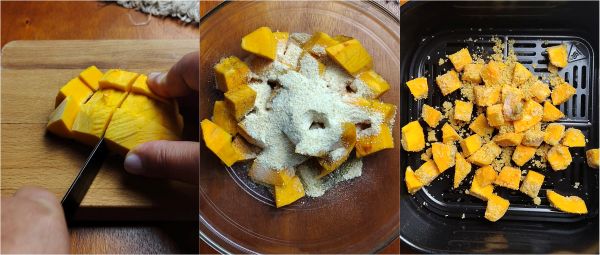 assaisonnez la courge coupée avec de l'huile, du sel, du poivre et de la chapelure et cuisez en friteuse