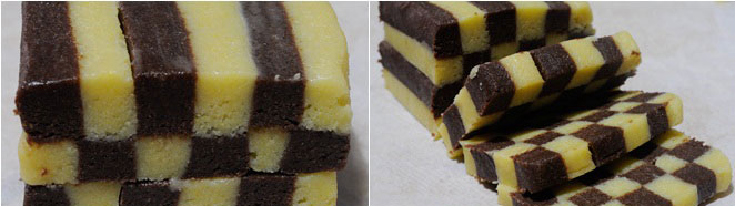 Une fois le pâton créé, je l'ai coupé en deux et placé encore au-dessus pour créer des biscuits à 4 rangées de damier.