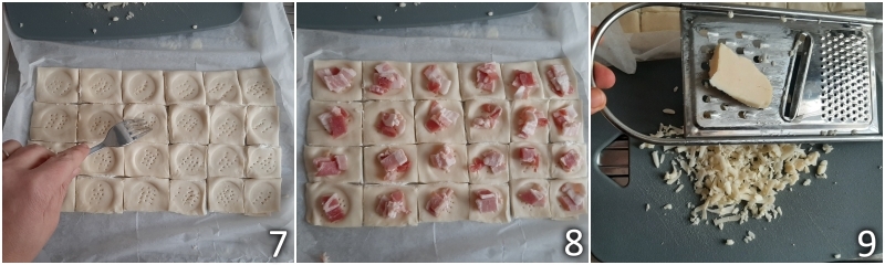 c. farcir les petits carrés de pâte feuilletée avec le bacon fumé en lamelles