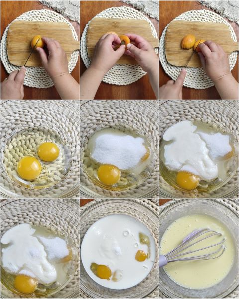 couper les abricots et mélanger les œufs, le sucre et le yaourt