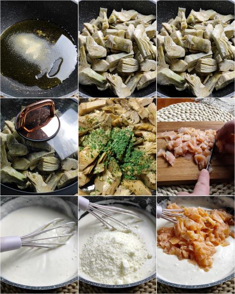 cuire les artichauts, couper le saumon et l'ajouter à la béchamel avec le fromage râpé