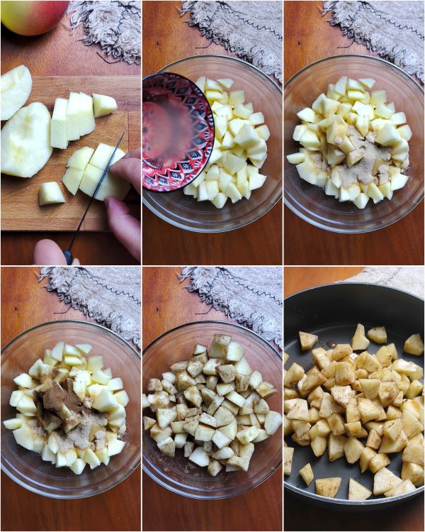 cuire les pommes nettoyées et coupées dans une poêle avec du sucre, de la cannelle et du jus de citron