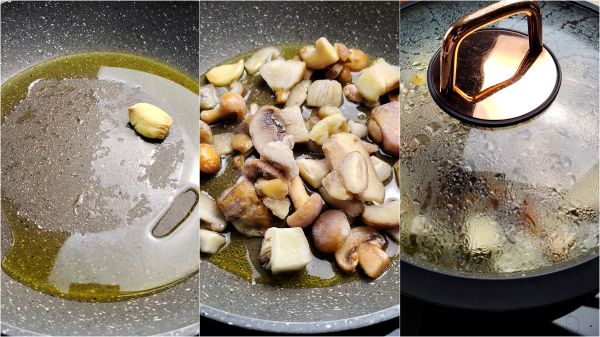 cuisez les champignons à la poêle avec ail, huile, sel et poivre pendant 8 minutes avec couvercle