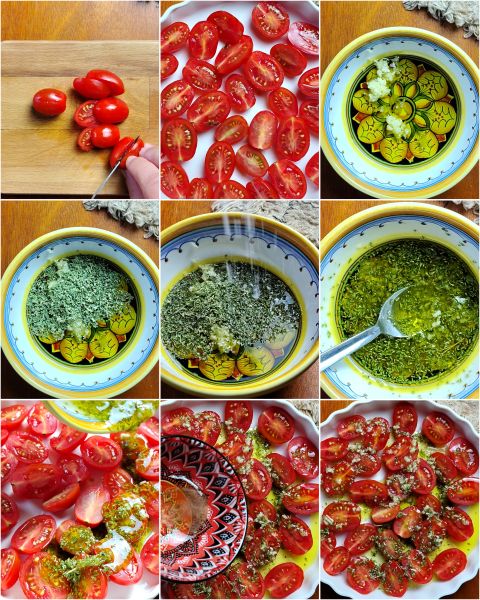 cuisez les tomates cerises lavées et coupées à la friteuse pour 10 minutes