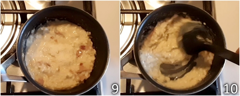 f. lier le risotto à la pancetta avec le gorgonzola et le parmesan