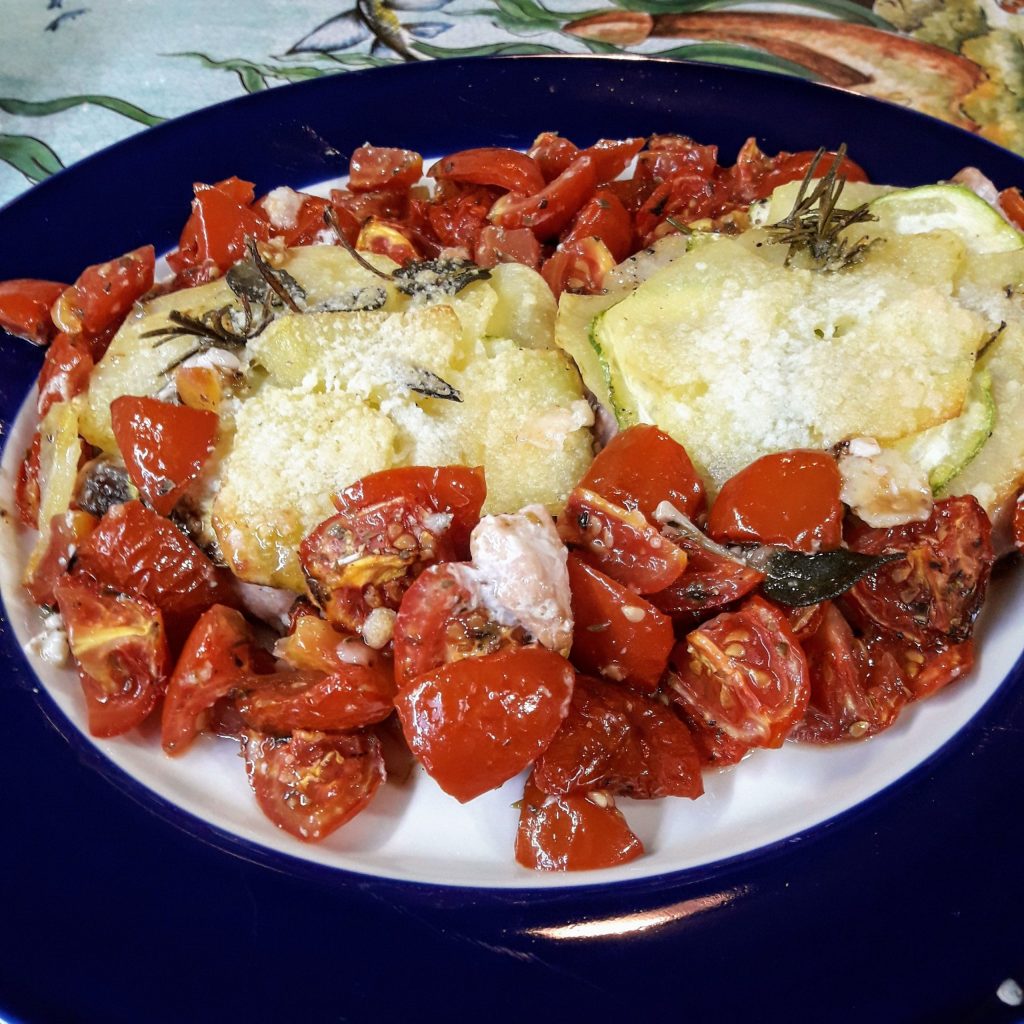 Médaillons de poisson et légumes gratinés
