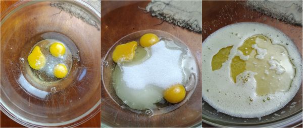 mélangez œufs, sucre, lait et huile dans une bassine