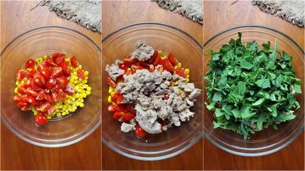 mettre dans un bol les tomates cerises lavées et coupées avec thon, maïs et roquette