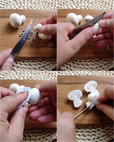 nettoyez les champignons et coupez-les en quartiers ou en deux