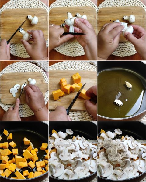 préparation de la poêlée de potiron et champignons