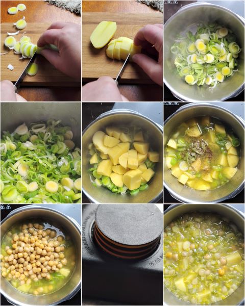 préparation de la soupe de poireaux et pois chiches à la cocotte-minute