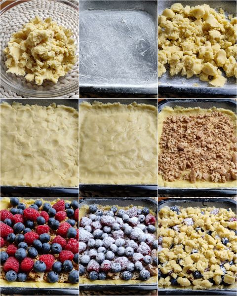 préparation de la tarte émiettée aux fruits des bois