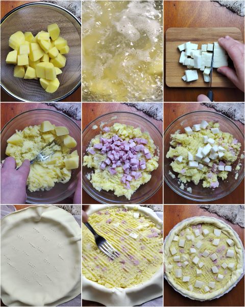 préparation de la tarte salée pommes de terre jambon et fromage