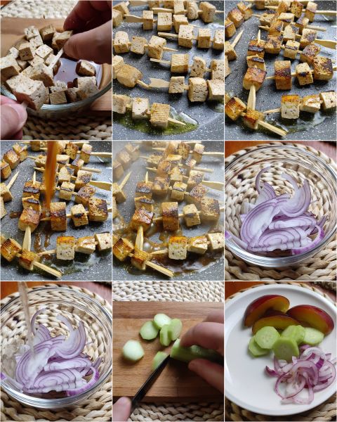 préparation des brochettes de tofu