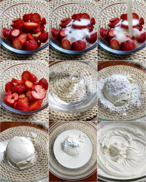 préparation des fraises et de la crème de mascarpone