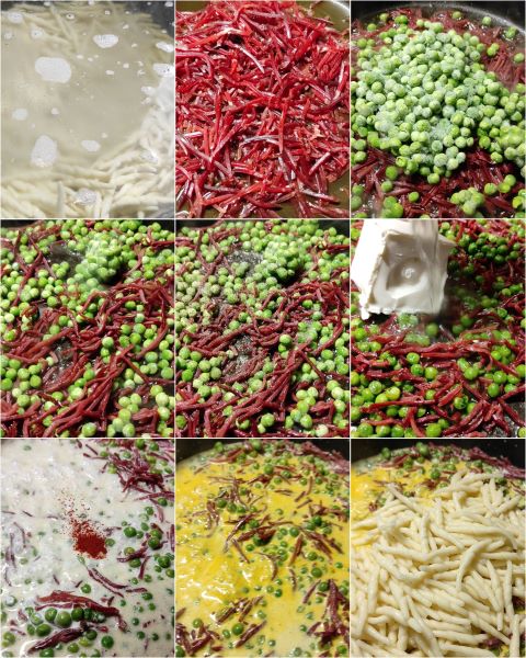 préparation des pâtes avec bresaola et petits pois