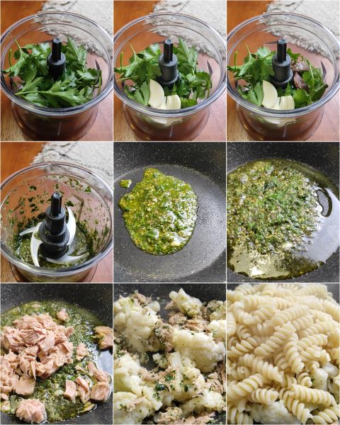 préparation des pâtes avec chou-fleur et thon