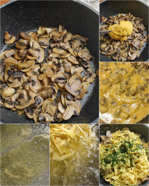 préparation des pâtes potiron et champignons