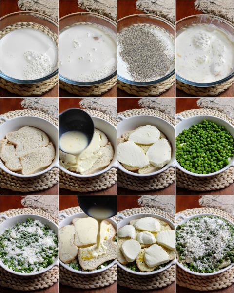 préparation du gratin de pain et petits pois