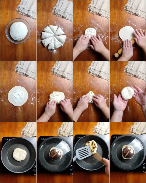 préparation du pain Naan au fromage