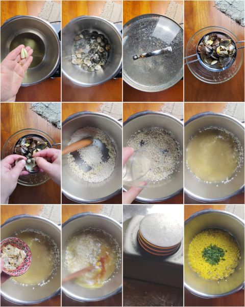 préparation du risotto aux palourdes et au safran