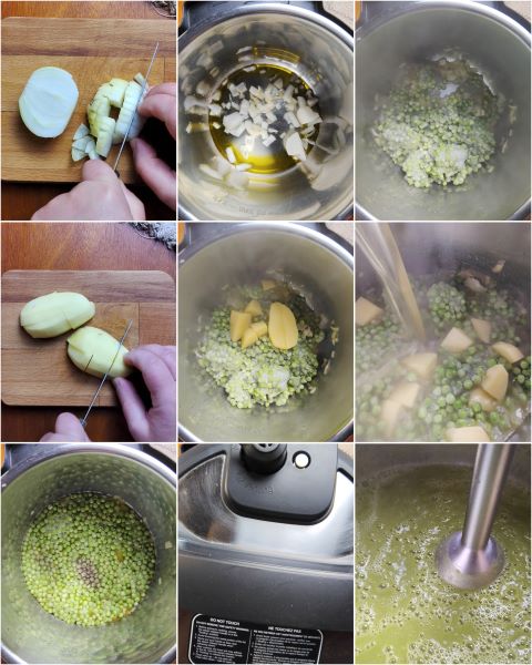 préparation du velouté de petits pois et feta