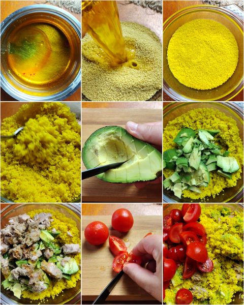 préparation du couscous au safran et au thon