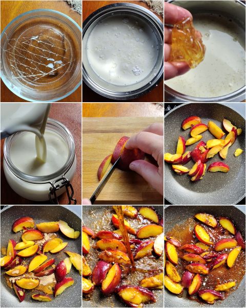 préparation de la panna cotta aux pêches caramélisées