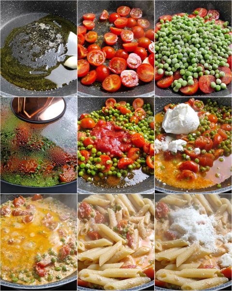 préparation des pâtes aux petits pois et tomates cerises
