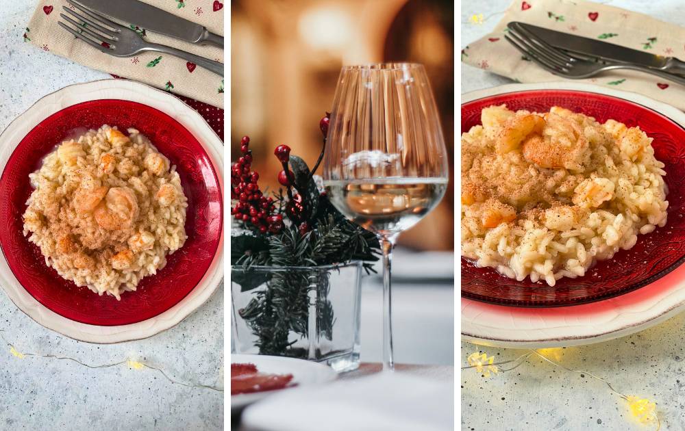 Risotto aux crevettes et poudre de framboises