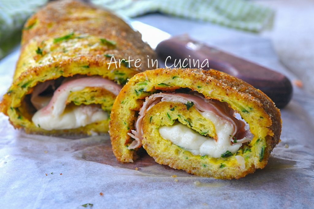 Roulé d'omelette de courgettes et provola pané au four