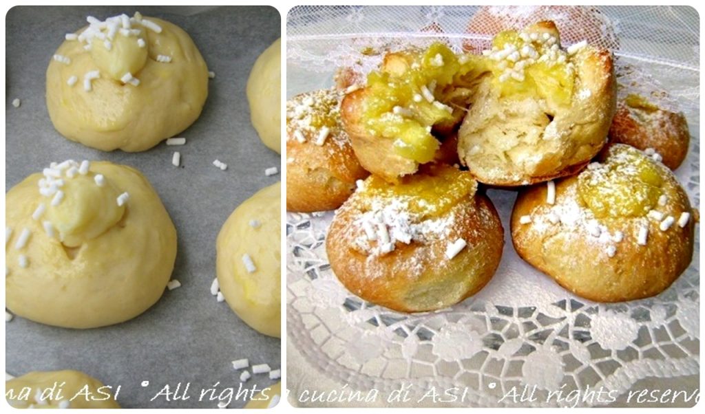 veneziennes à la crème bouchées levées avec de la crème pâtissière et des grains de sucre