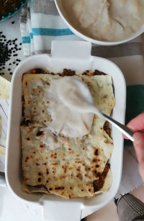 Lasagnes de pain carasau et lentilles