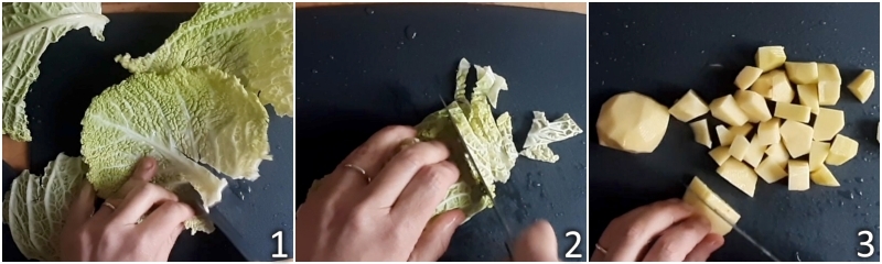 a. couper le chou frisé en lanières et les pommes de terre en cubes