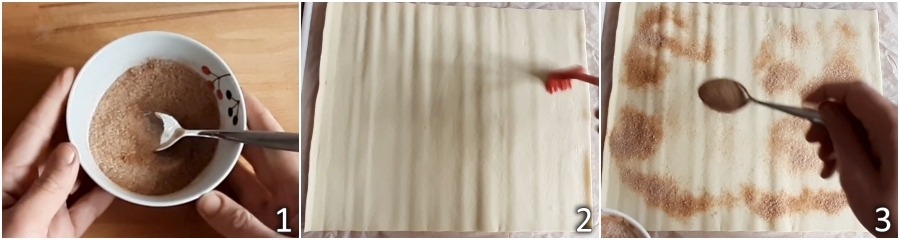 a. étaler la pâte feuilletée de sucre et de cannelle
