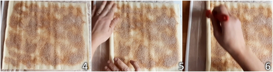 b. rouler la pâte sur elle-même en la badigeonnant légèrement d'eau