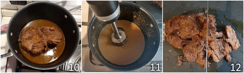 d. couper le bœuf braisé et mixer le fond de cuisson