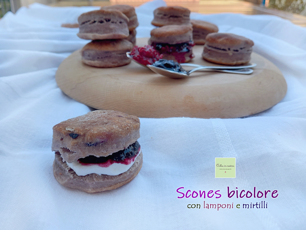 scones bicolores avec tartinable et myrtilles