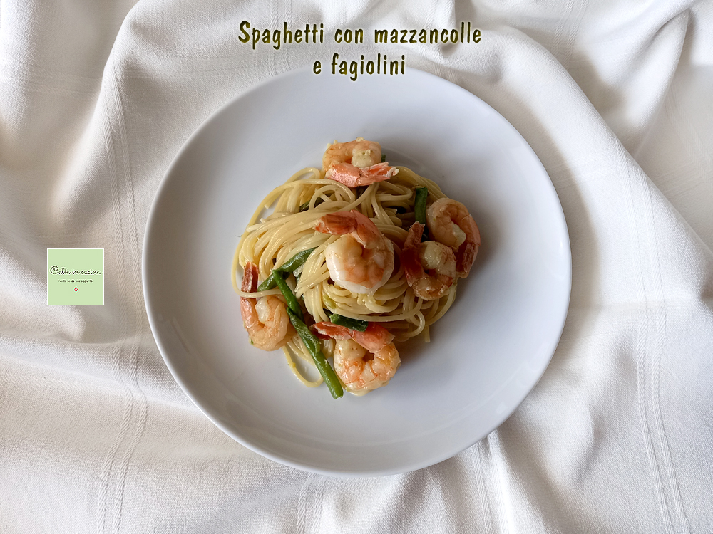 spaghetti avec crevettes et haricots verts
