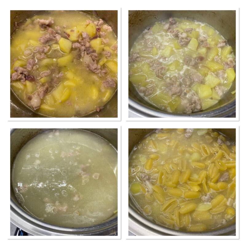 Pâtes aux pommes de terre, provola et saucisse émiettée