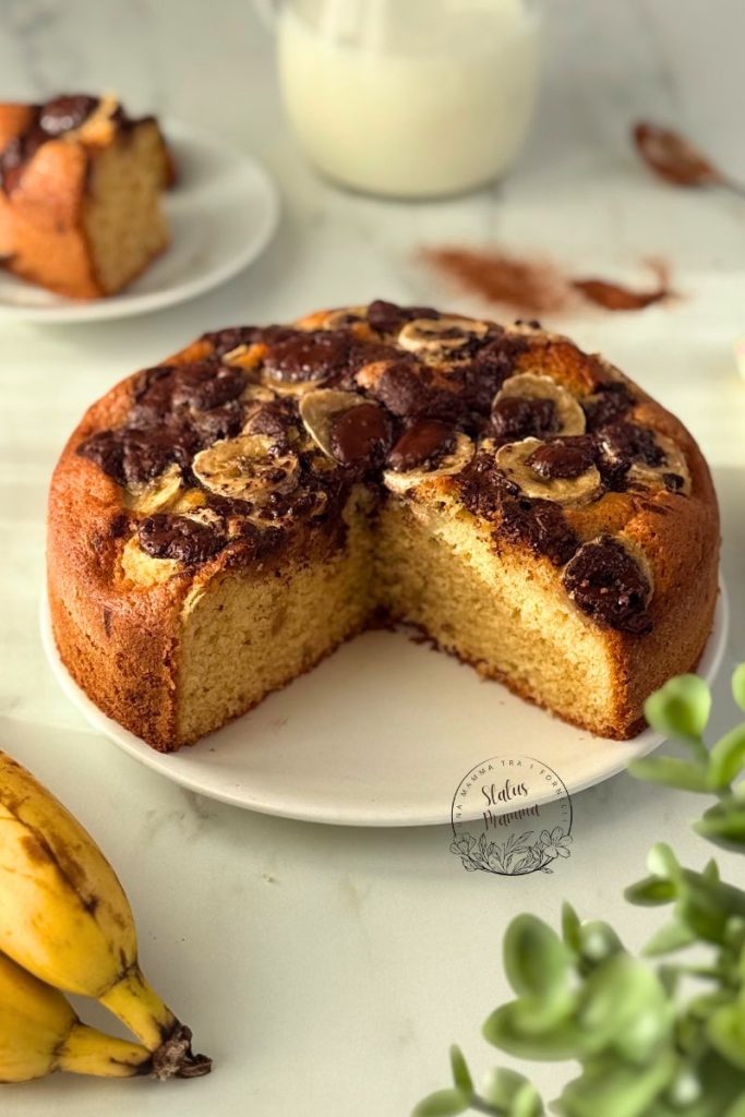 Gâteau moelleux à la banane et au chocolat fraîchement sorti du four dans un moule de 22 cm, vertical