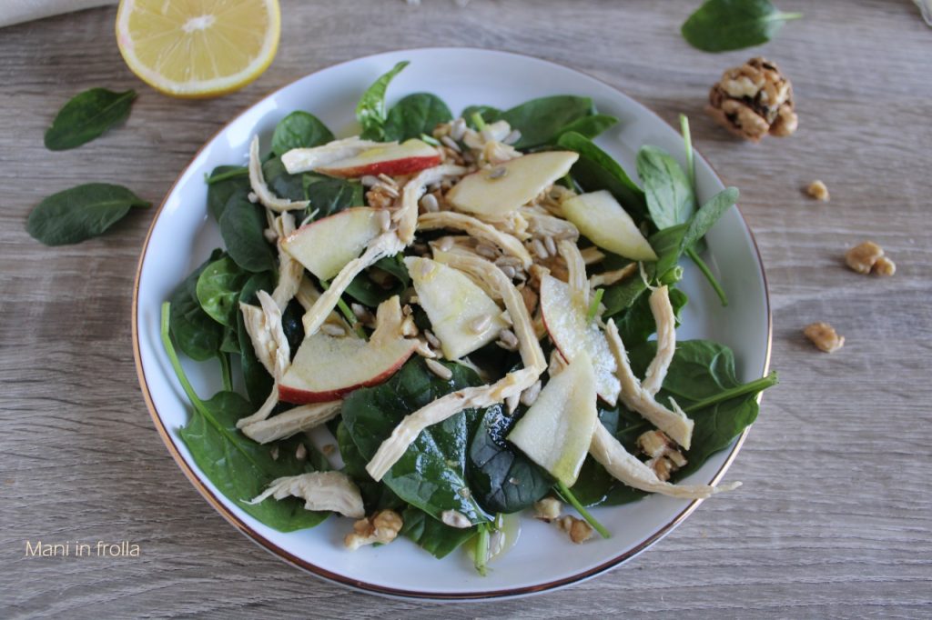 Salade de poulet avec jeunes pousses d'épinards, noix et graines