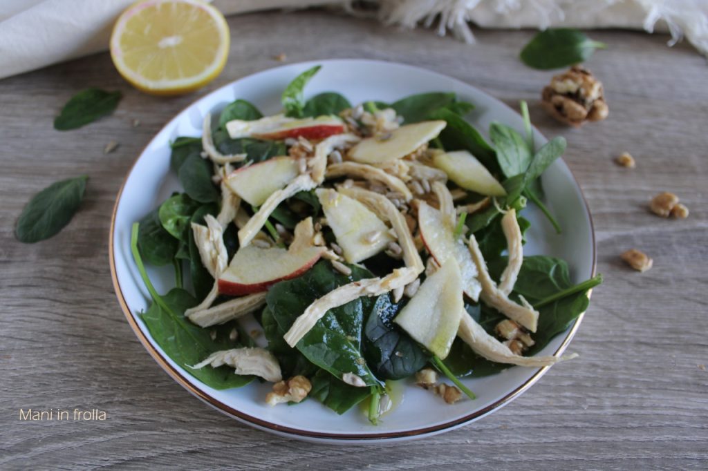 Salade de poulet avec jeunes pousses d'épinards, noix et graines