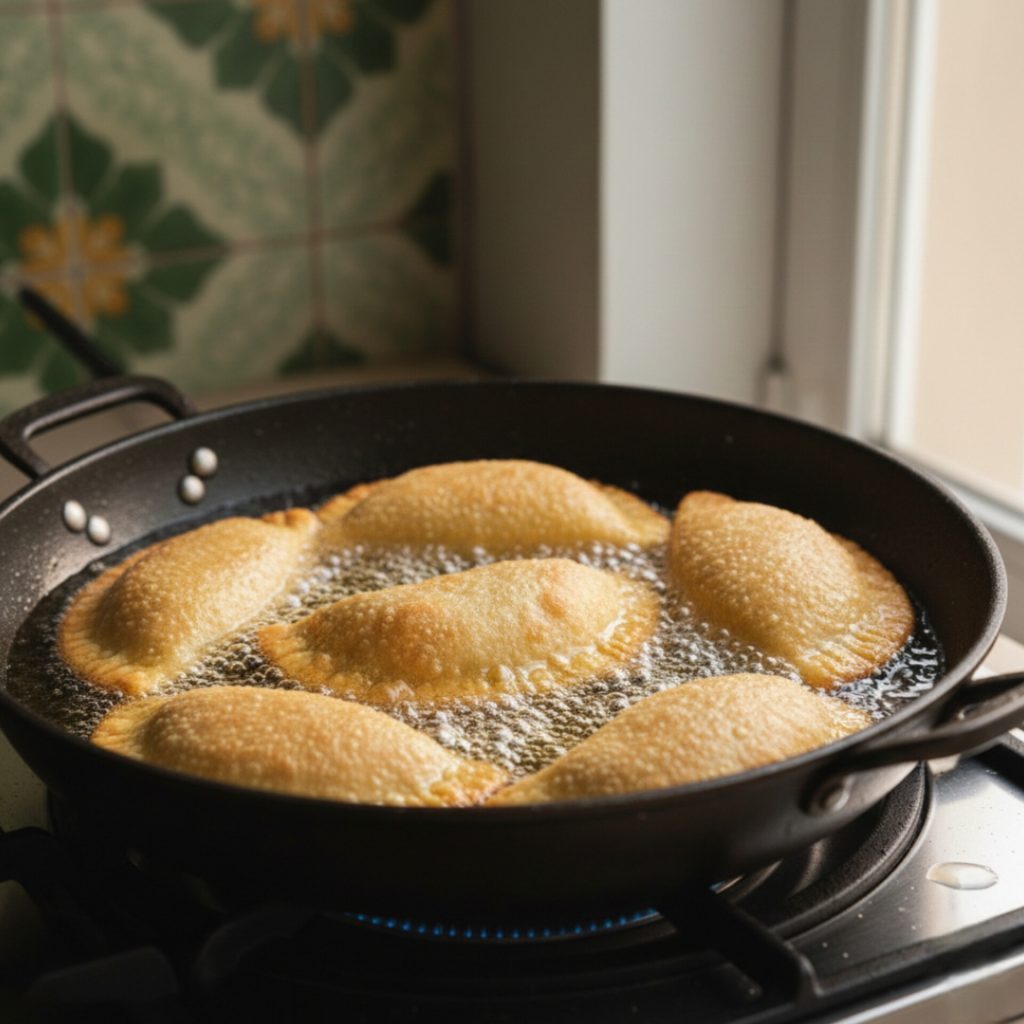 Nous faisons frire les panzerotti dans l'huile chaude