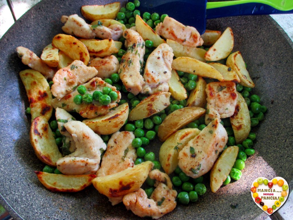 Poulet avec pommes de terre et petits pois à la poêle, Mange sans Ventre